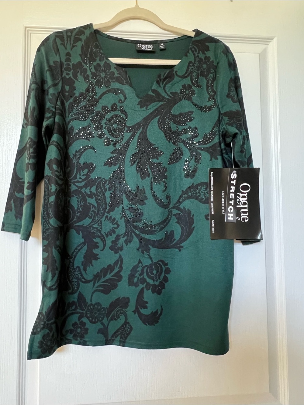 Onque Casuals Teal and Black Floral V-Neck Stretch Top